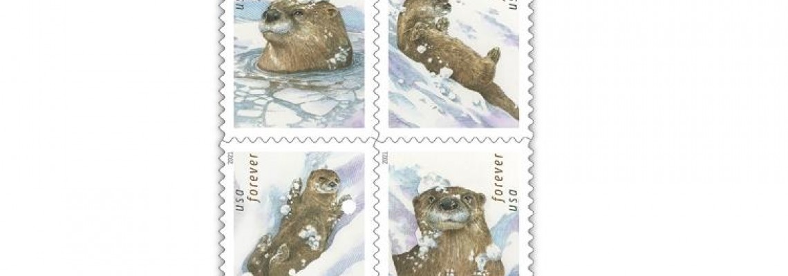 Playful Otters in Snow on U.S. stamps for winter